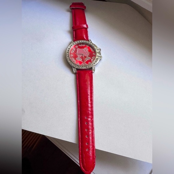 โฐ  Rare Vintage Early 2000โs Hello Kitty Red Leather and Pave Crystal Watch - Picture 7 of 13